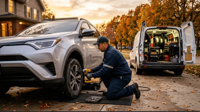 Mobile tire technician patching a flat tire on a driveway in Des Moines, Iowa